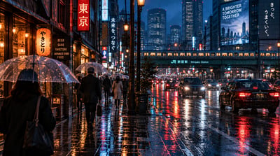 Rainy Shinjuku street at blue hour with transparent umbrellas, glowing traffic, Japanese signs, an elevated train, and neon reflections on w