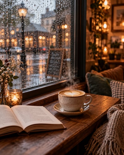 Steaming heart-shaped latte and open book on a wooden café table beside a rain-streaked window