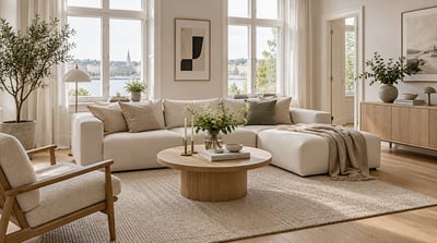 Bright Scandinavian living room with a cream sectional, round oak coffee table, neutral rug, plants, and water visible beyond tall windows.