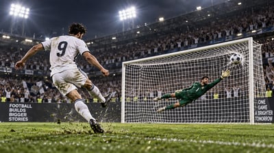 White-shirted number 9 soccer striker shooting toward the upper-right net as a green-clad goalkeeper dives under stadium floodlights