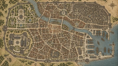 Top-down parchment map of a walled fantasy city with castle, temple gardens, market, river crossings, and harbor docks
