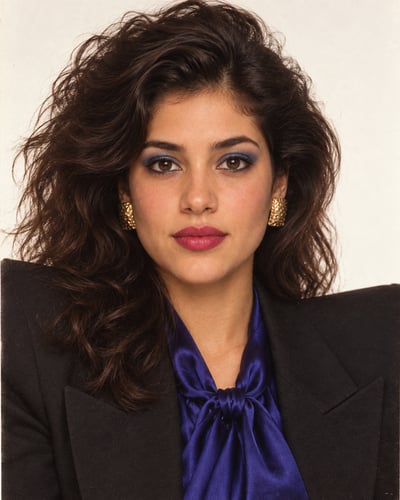 Close-up 1986-style fashion portrait with voluminous dark hair, blue eye makeup, berry-red lipstick, black power blazer, and blue satin bow