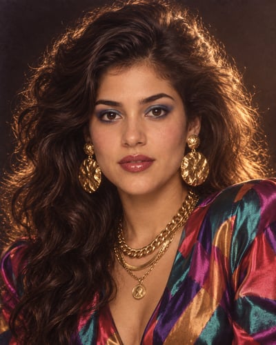 1985-style close-up portrait of a woman with voluminous dark hair, blue eye makeup, gold jewelry, and a jewel-toned satin blouse