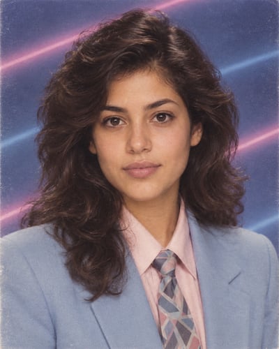 Centered 1988-style student portrait with feathered dark hair, pastel blue blazer, pink shirt, geometric tie, and diagonal blue-and-magenta