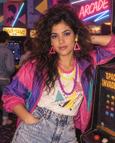 Candid late-1980s arcade portrait of a person with voluminous curly hair, neon geometric earrings, layered bead necklaces, and a pink-purple