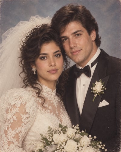 Close 1980s-style wedding portrait of a veiled bride beside a groom in a black tuxedo, with a pale bouquet and blue-grey studio backdrop.