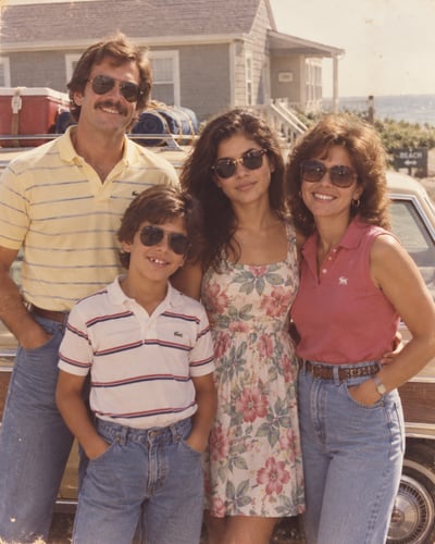 Four family members in 1980s summer clothing pose beside a station wagon outside a seaside cottage in a faded film snapshot.