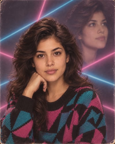 Retro mall-studio portrait of a person with feathered hair and a geometric black sweater, hand under their chin, neon cyan and magenta beams