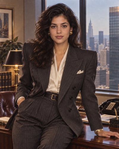 Woman in a charcoal pinstripe double-breasted suit seated at a polished office desk, with a city skyline visible through the windows.