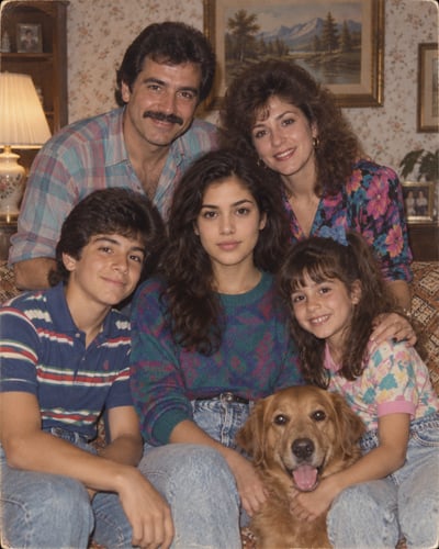 Five family members and a golden retriever pose closely around a sofa in a warmly lit living room with floral wallpaper and colorful 1980s c