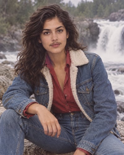 Long-haired subject in a red shirt and shearling-trimmed denim jacket seated on rocks beside a waterfall