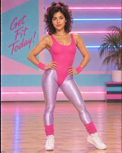 Full-body aerobics instructor in a hot-pink leotard and metallic lavender leggings, posed in a pastel neon studio with VHS grain.
