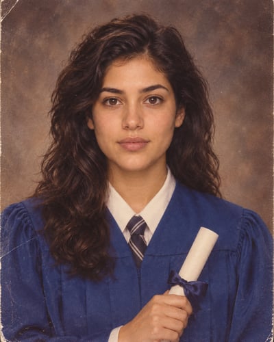 Centered graduate in a royal-blue gown holding a rolled diploma with a blue ribbon against a mottled brown studio backdrop, with aged print