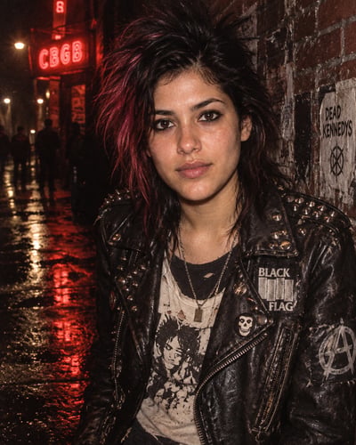 Vertical direct-flash portrait of a punk person in a studded leather jacket beside a red neon sign on a wet brick-lined street