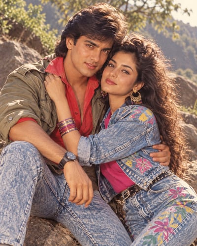 Fictional couple embracing among sunlit rocks and trees in acid-wash and colorful patchwork denim