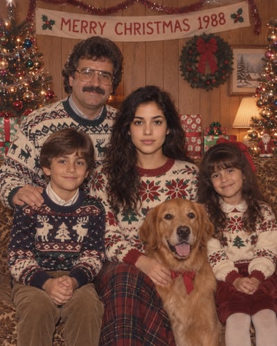 Four people and a dog in knitted holiday sweaters pose on a patterned sofa beneath a “MERRY CHRISTMAS 1988” banner, flanked by decorated Chr