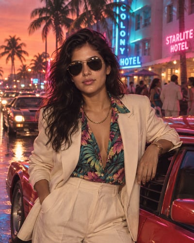 Woman in an ivory suit and aviator sunglasses beside a red sports car, with palm trees and cyan-pink hotel neon at sunset