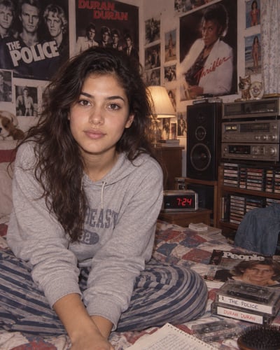 Teenager in a gray hoodie seated on a patterned bed in a cluttered 1983 bedroom with music posters, stereo equipment, cassette tapes, and an