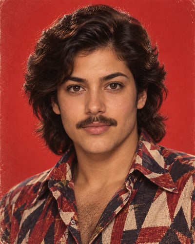 Close-up portrait of a moustached man with voluminous wavy hair and a patterned open-collar shirt against a red studio backdrop.