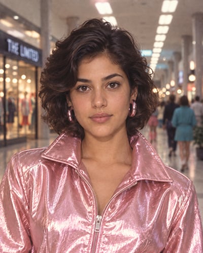 Chest-up portrait of a dark-haired person in a glossy metallic pink jacket, with glowing mall lights and shoppers blurred behind them.