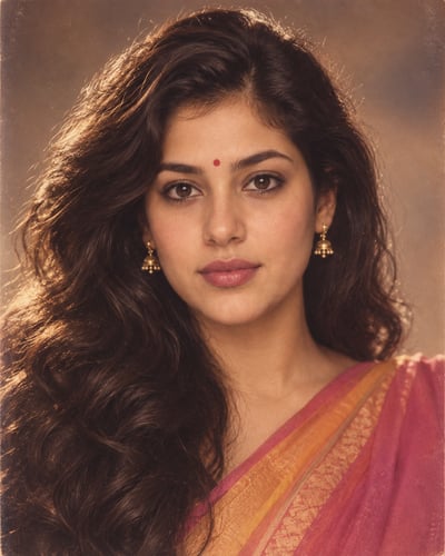 Close-up portrait of a woman with thick dark hair, a red bindi, gold earrings, and a magenta-orange saree against a warm blurred backdrop.