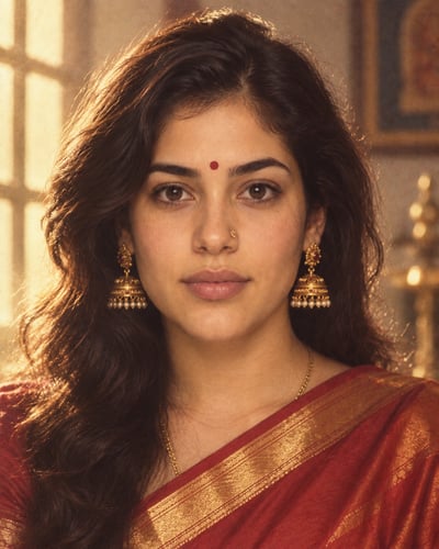 Centered close-up portrait of a woman in a red silk saree with a gold border, red bindi, nose pin, and ornate earrings.