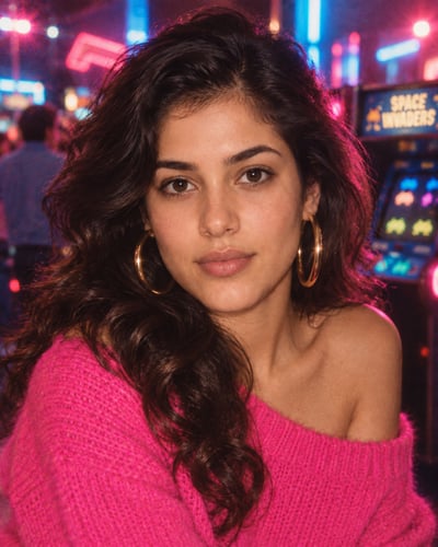 Close-up portrait of a person with dark waves, hoop earrings, and a pink off-shoulder sweater against blurred neon arcade lights.