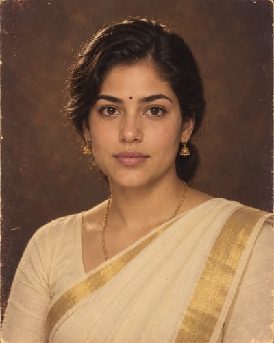 Centered studio portrait of a woman in an ivory Kerala saree with a gold border, gold jewelry, and a bindi against a worn dark brown backdro