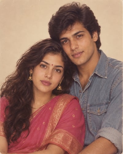 Close vintage studio portrait of a couple, one in a blue denim shirt and the other in a pink sari with gold details, against a cream backdro