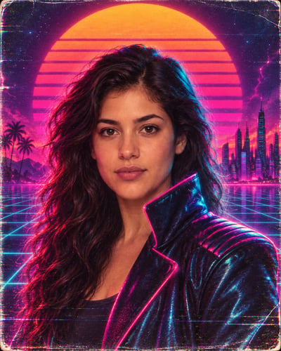 Close-up fictional portrait in a glossy dark jacket with neon rim light, backed by a striped sun, cyan grid, and futuristic skyline.