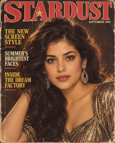 Distressed 1985-style STARDUST magazine cover with a close-up portrait, voluminous dark hair, dangling earrings, shimmering evening wear, an