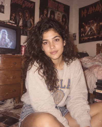 Seated young person with long dark hair in an oversized sweatshirt and denim shorts, photographed with flash in a bedroom with rock posters