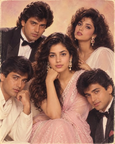 Five-person Indian film-style publicity portrait with a central woman in a sparkling pink saree, two tuxedoed men, white formalwear, flowing