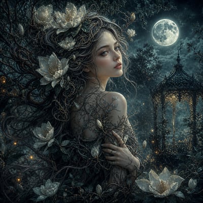 Woman with branching hair and white magnolias beneath a full moon beside a distant gothic garden gazebo
