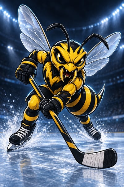 Yellow-and-black yellowjacket mascot charging on ice with a hockey stick, flared wings and blue arena lights
