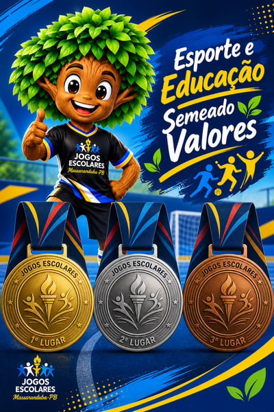 Portuguese school sports poster with a leafy tree mascot behind gold, silver, and bronze medals