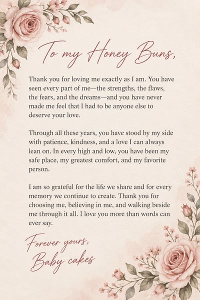 Romantic love letter on textured ivory paper with blush watercolor roses, rose-colored script, and dark serif paragraphs