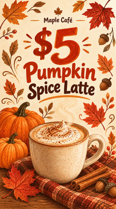 Maple Café Story poster with a $5 pumpkin spice latte, hand-drawn leaves, pumpkins, cinnamon sticks, and warm paper texture