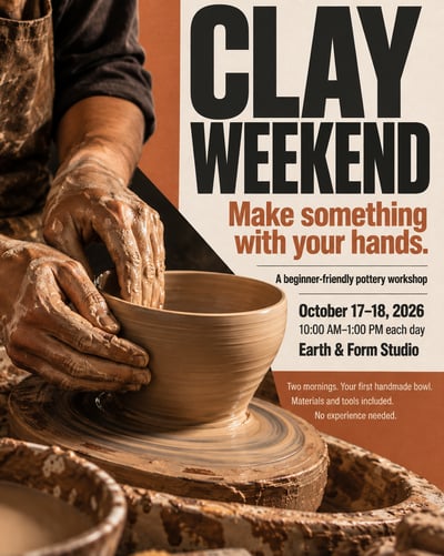 Clay Weekend pottery workshop poster with hands shaping a bowl, bold condensed type, terracotta blocks, and a cream grid