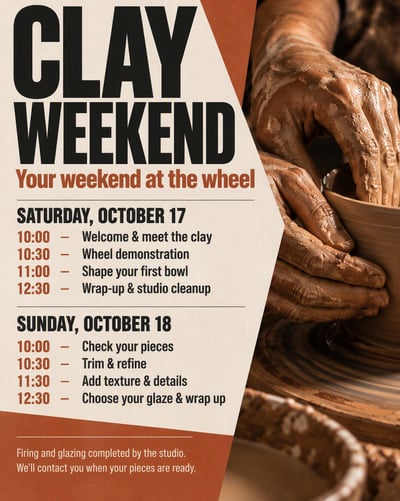 Cream and terracotta Clay Weekend schedule with bold type and hands shaping a bowl on a pottery wheel