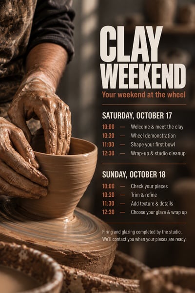 Full-bleed pottery workshop schedule with clay-covered hands, a bowl, off-white type, and terracotta time markers