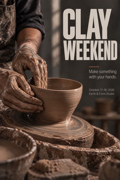 Muted mineral pottery poster with clay-covered hands shaping a bowl and oversized warm-white Clay Weekend lettering