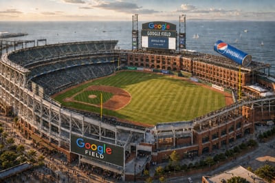 Elevated baseball stadium rendering with Google Field signage, sponsor graphics, brick buildings, and an ocean backdrop