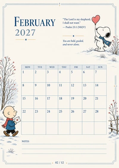 February 2027 planner with a Monday-start calendar, winter branches, character illustrations, Psalm 23:1, and ruled notes