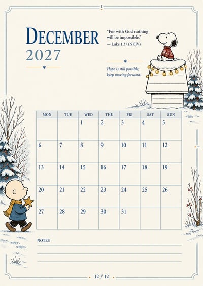 December 2027 planner with a Monday-start calendar, snowy trees, winter character illustrations, Luke 1:37, and ruled notes