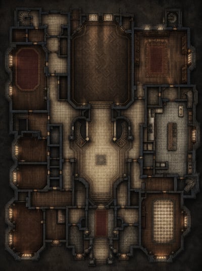 Top-down gothic mansion battlemap with a grand hall, connected rooms, staircases, rugs, shelving, and a subtle square grid