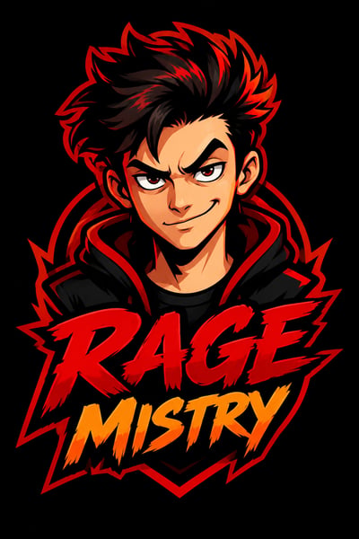 Sly cartoon mascot with spiky black hair and a black hoodie above stacked red-and-orange RAGE MISTRY lettering