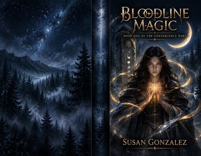 Bloodline Magic full-wrap cover with a starry pine forest, moonlit spine, and a robed witch holding a glowing sun sigil