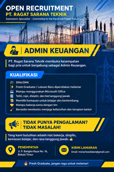 Indonesian Admin Keuangan recruitment poster with a substation background, yellow and blue panels, qualifications, and contact details
