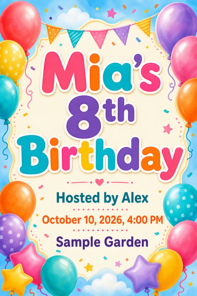 Colorful Mia's 8th Birthday invitation with balloons, bunting, confetti, clouds, stars, and an October 10 event time of 4:00 PM